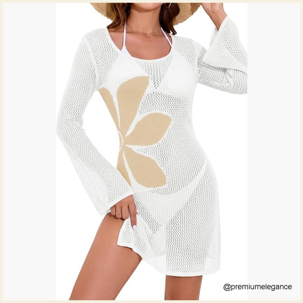 Crochet Beach Cover Up Floral Boho Dress Long Sleeve Medium Acrylic